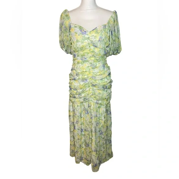 ASOS ruched puff sleeve maxi dress white base yellow blue floral print - Picture 4 of 15